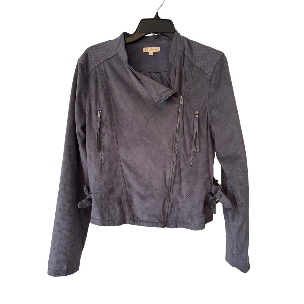 Democracy Womens Faux Suede Perforated Asymmetrical Zip‎ Moto Jacket Grey Large